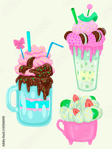 Three different milkshakes. Vector objects on white background
