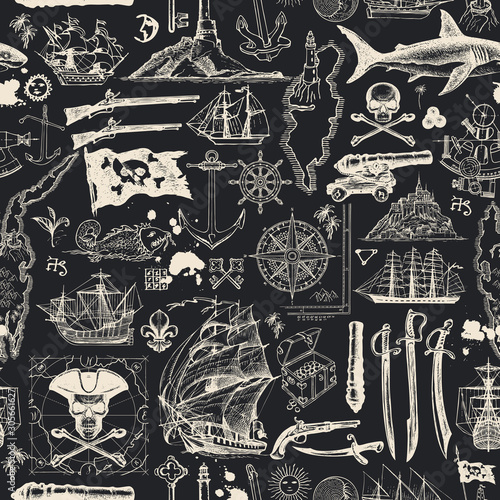 Vector abstract seamless pattern on the pirate theme with hand-drawn sketches on the black backdrop. Vintage background with skulls, crossbones, flag, guns, swords, old sailboats, map, islands