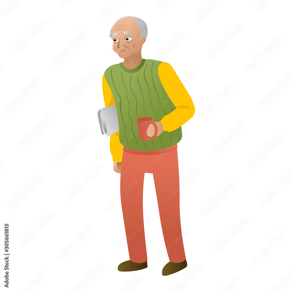 Grandfather is old man standing in newspaper and cup of tea. Retiree. Vector isolated character. Grandfather is old man standing in newspaper and cup of tea. Retiree. Vector isolated character.