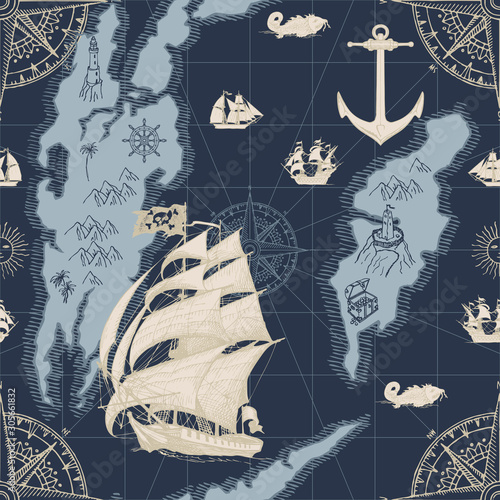 Vector abstract seamless pattern in retro style on the theme of travels, adventures. Pirate frigates, caravels, vintage sailing yachts, wind roses and anchors on the background of old map with islands