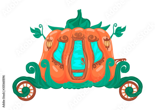 Pumpkin carriage. Fabulous subject. Vector cartoon illustration.