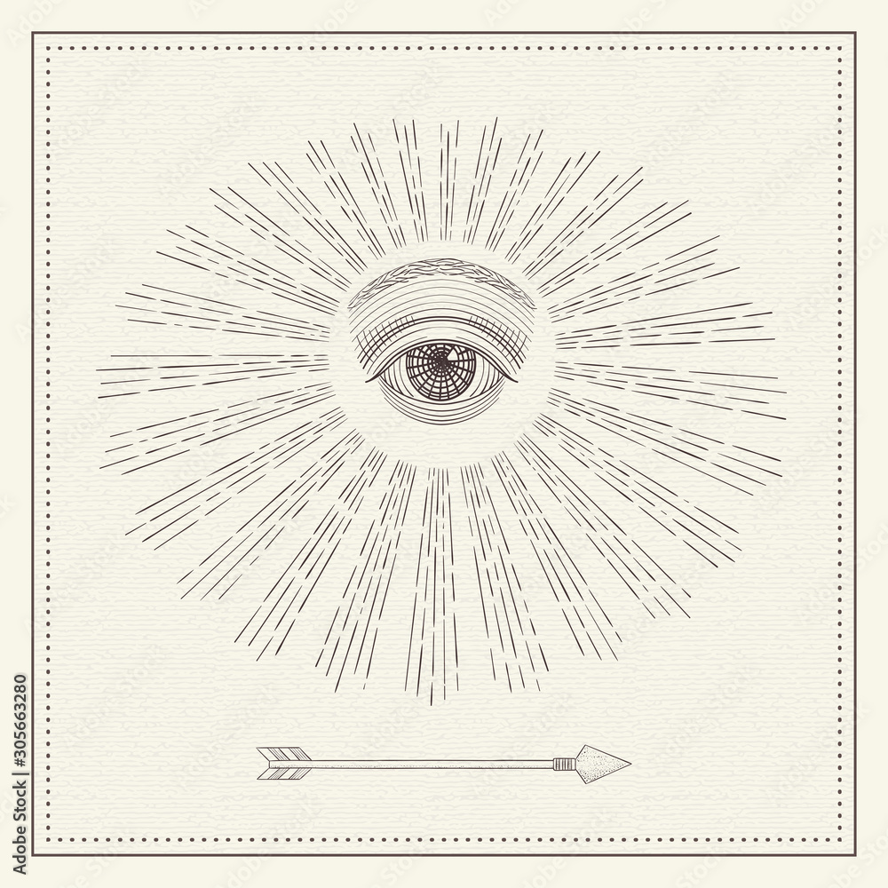 Vector allseeing eye, eye in the sky with light ray, symbol of the