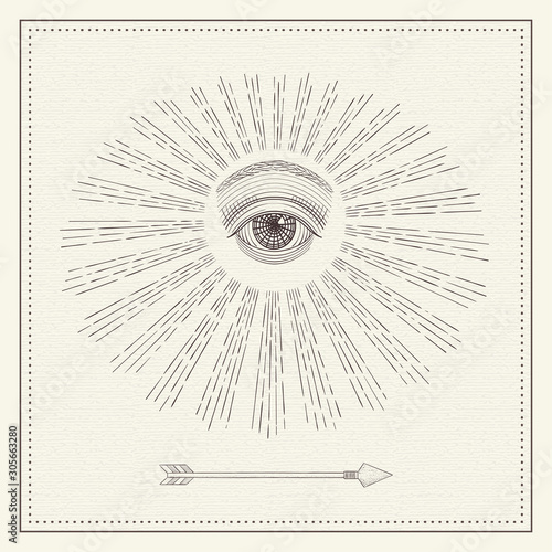 Vector all-seeing eye, eye in the sky with light ray, symbol of the Masons, Illuminati, monochrome hand drawn sketch