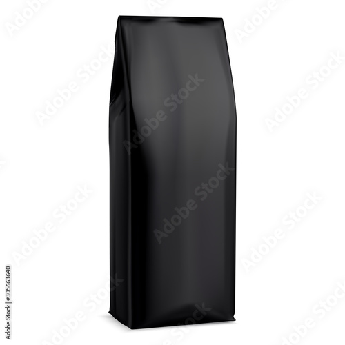 Black Coffee bag mockup.Foil package. 3d pouch mock up design template. Realistic powder beverage paper box. Gray tea sack. Dry drink packet. Snack or biscuit product container