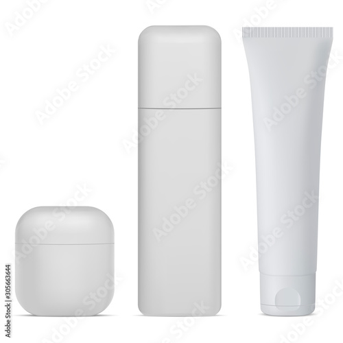 Cosmetic bottle set. White cream, lotion package isolated on background. Realistic plastic 3d container template. Body cream tube mockup. Moisturizer mask jar