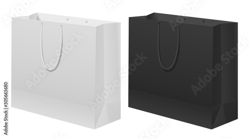 Paper bag black, white set. White carry gift template with handle. Empty branding box merchandise retail food packaging. Shop package blank design for fashion sale, advertising. Consumer packet mockup