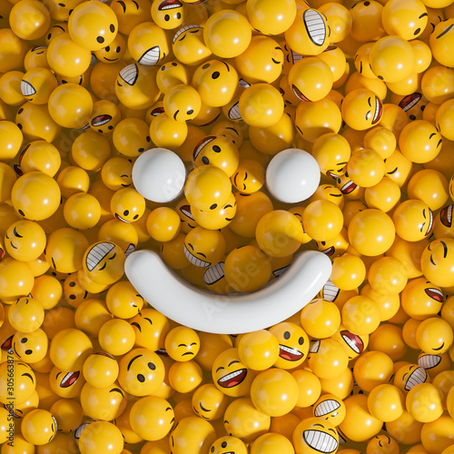 Big white smile face filled by small yellow emotion balls. photo