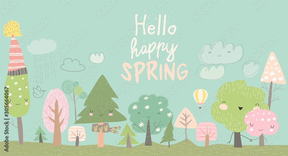Cute spring trees. Cartoon spring trees on blue background Cute spring trees. Cartoon spring trees on blue background