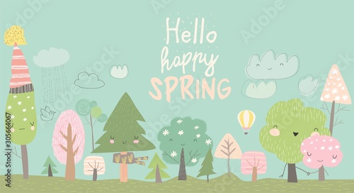 Cute spring trees. Cartoon spring trees on blue background