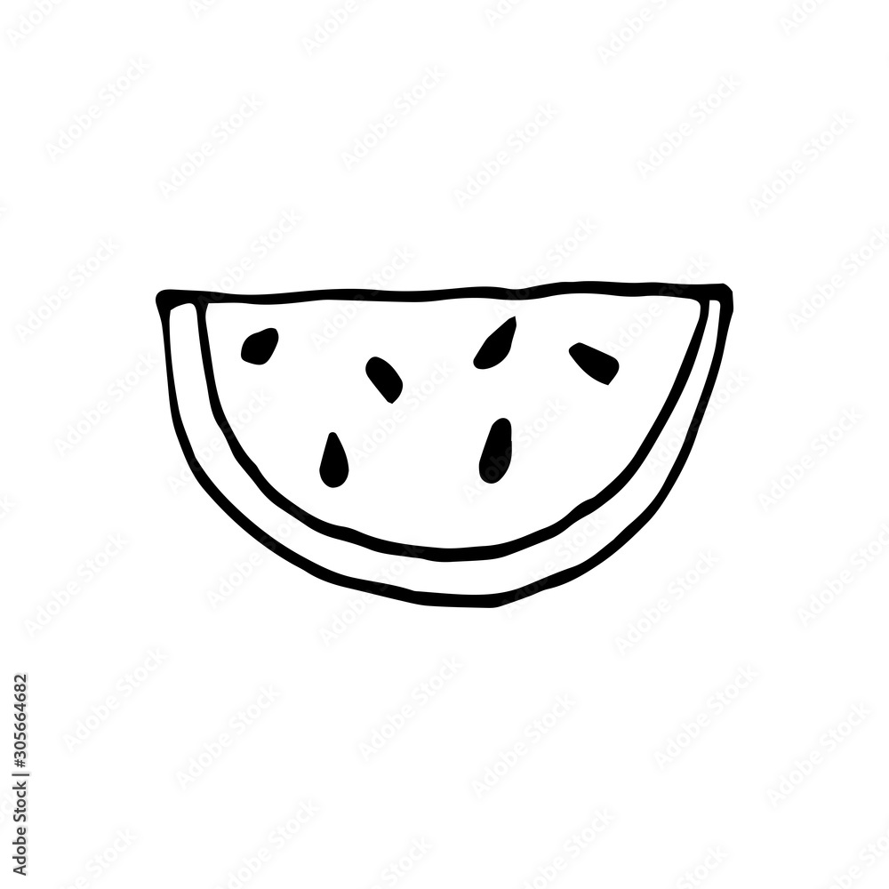 Single element of watermelon slice in doodle summer set. Hand drawn vector illustration for greeting cards, posters, stickers and seasonal design. Single element of watermelon slice in doodle summer set. Hand drawn vector illustration for greeting cards, posters, stickers and seasonal design.
