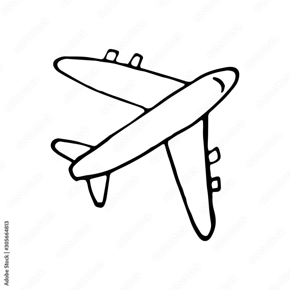 Single element of airplane in doodle summer set. Hand drawn vector illustration for greeting cards, posters, stickers and seasonal design.