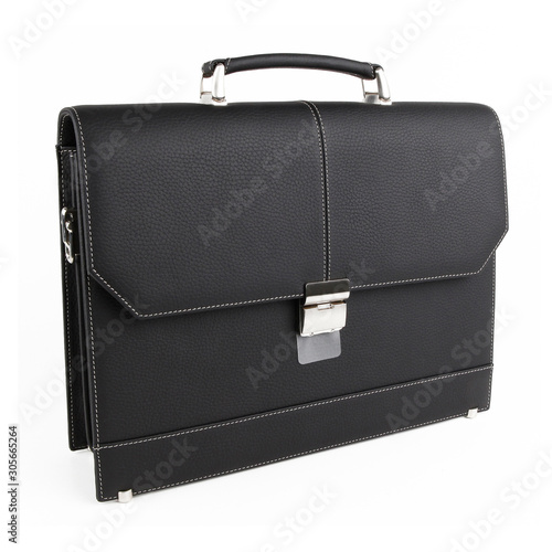 Business bag or case in black leather. On white background
