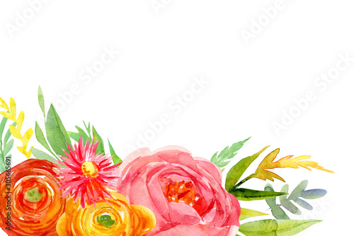bouquet of abstract flowers on isolated white background, watercolor illustration, hand drawing, twigs, leaves,  roses, rannunculus, peony, aster. photo