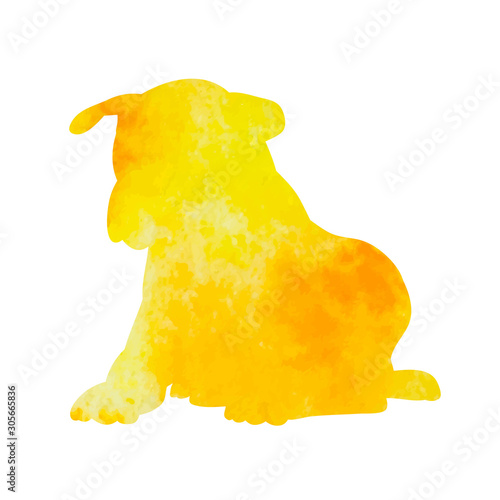 yellow watercolor silhouette of the dog lies