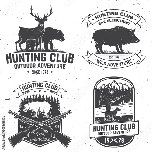 Set of Hunting club badge. Vector Concept for shirt, print, stamp. Vintage typography design with hunting gun, boar, hunter, bear, deer, mountains and forest. Outdoor adventure hunt club emblem