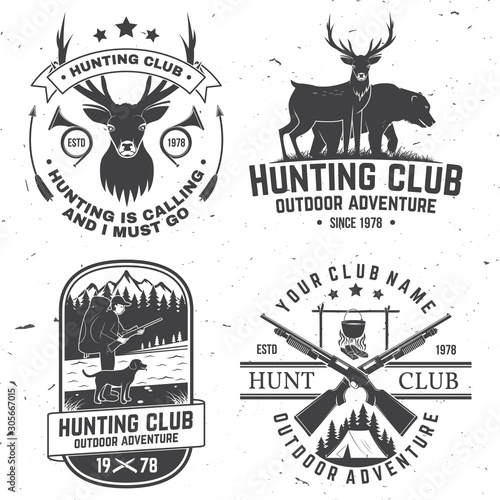 Set of Hunting club badge. Vector Concept for shirt, print, stamp. Vintage typography design with hunting gun, boar, hunter, bear, deer, mountains and forest. Outdoor adventure hunt club emblem