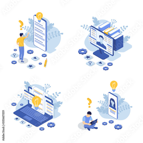 Set of customer support concept with laptop, computer monitor, phone screen and man. Contact us. FAQ. Isometric Vector Illustration.