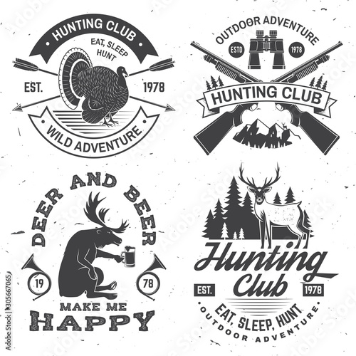 Set of Hunting club badge. Vector Concept for shirt, label, print, stamp. Vintage typography design with hunting gun, binoculars, bear, deer, mountains and forest. Outdoor adventure hunt club emblem