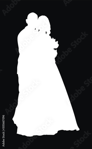 Groom and bride on wedding day in dress and suit vector silhouette illustration. Wedding couple. Happy bride groom ceremony. Just married couple in love. Smiling bride with bouquet flowers in hand.