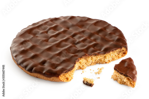 Fototapete Dark chocolate coated digestive biscuit isolated on white