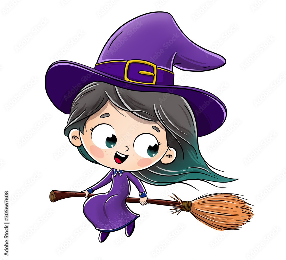 Little witch on a broom flying through the sky with white background
