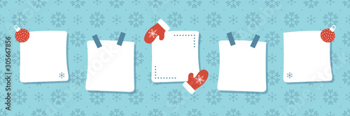 Set, collection of cute sticky notes, stickers on snowflakes background with mittens and christmas balls for winter holidays design.