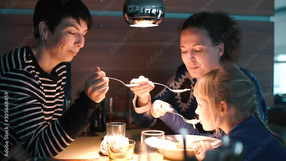 Video Stock Lesbian mom and daughter have lunch with their LGBT partner.