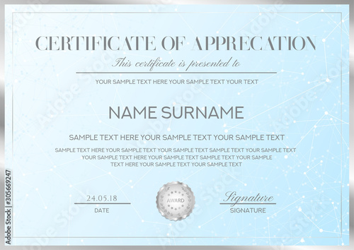 Certificate vector template with silver border and seal (emblem). Formal secured Guilloche pattern for Diploma, deed, certificate of appreciation, achievement
