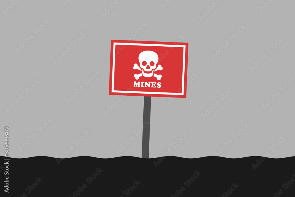 Land mines / landmines warnign sign on signboard danger and threat of