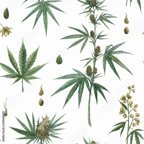 Beautiful vector watercolor medical marijuana seamless pattern. Natural therapeutic drug.