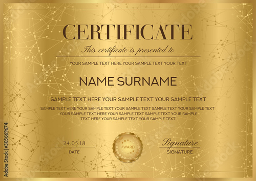 Certificate vector template with gold border and seal (golden emblem). Formal secured Guilloche pattern for Diploma, deed, certificate of appreciation, achievement