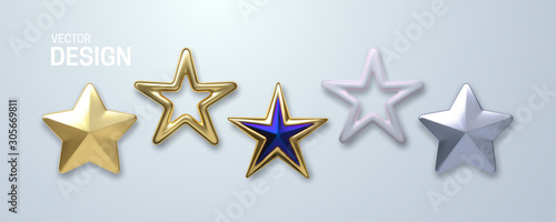 Decorative stars set isolated on white background. Vector 3d illustration. Golden geometric star shapes. Christmas holiday decoration elements photo