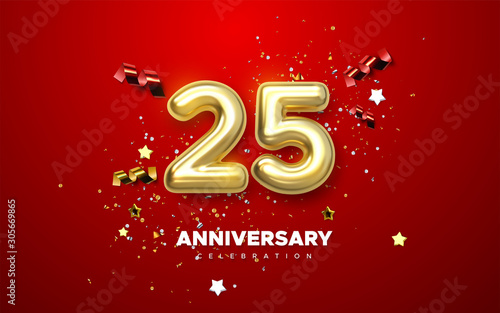 25th Anniversary celebration. Golden number 1 with sparkling confetti, stars, glitters and streamer ribbons. Vector festive illustration. Realistic 3d sign. Birthday or wedding party event decoration