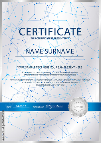 Certificate vertical vector template background. Formal secured Guilloche pattern for Diploma, deed, certificate of appreciation, achievemen. Silver seal, emblem