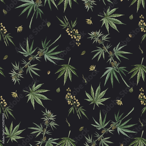 Beautiful vector watercolor medical marijuana seamless pattern. Natural therapeutic drug.