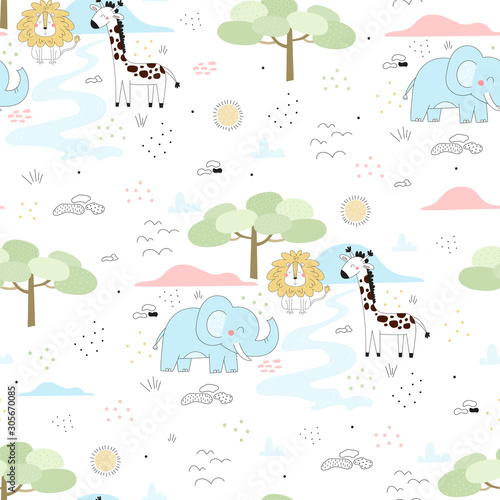 Cute hand drawn funny animals. Seamless pattern.