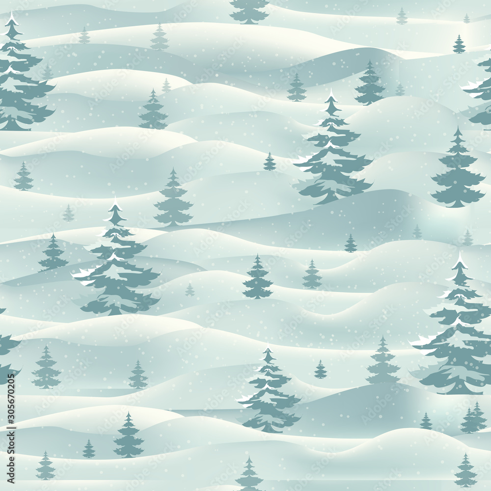 Naklejka premium Seamless winter hand-drawn pattern. Landscape with winter forest in the snow, decorative background for wallpaper, fabric, paper. Monochrome vector illustration.