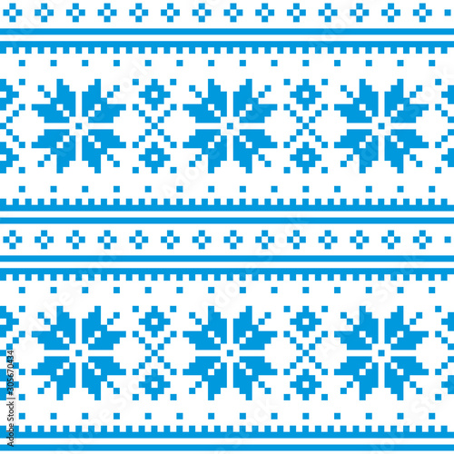 Christmas winter vector seamless blue pattern, inspired by Sami people, Lapland folk art design, traditional knitting and embroidery