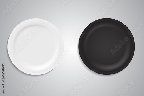 White and black realistic vector plate for dining mock ups, serving meal illustrations. Cooking or degustation symbol. Kitchen porcelain, typical dishware. Clean empty dishware top view for branding.
