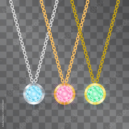 Pendants on the chain vector set on transparent background. Silver, copper and golden realistic vertical jewelry variants with emerald, topaz and ruby. Connection, luxury symbol with magical gemstones