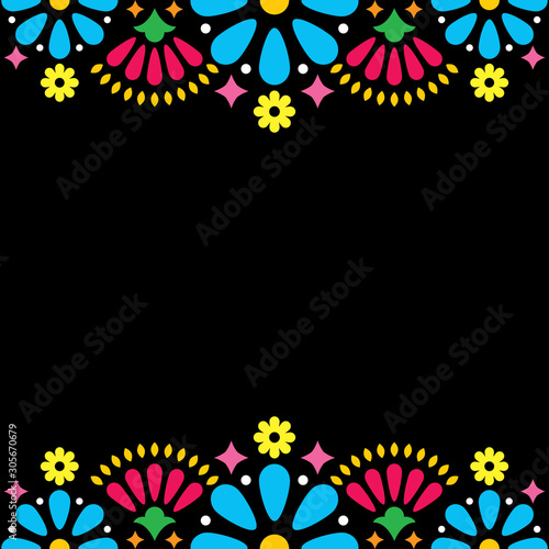 Mexican folk vector wedding or party invitation, greeting card, colorful frame design with blue flowers and abstract shapes on black  