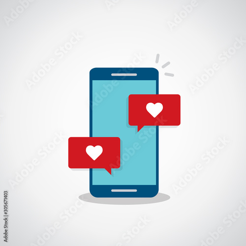 Free Download Vector illustration smartphone with heart emoji speech bubble get message on screen. Social network and mobile device concept. Flat design for print, websites, web banner. - GFXLoad
