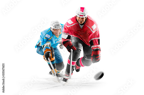 Professional hockey players in action on white backgound