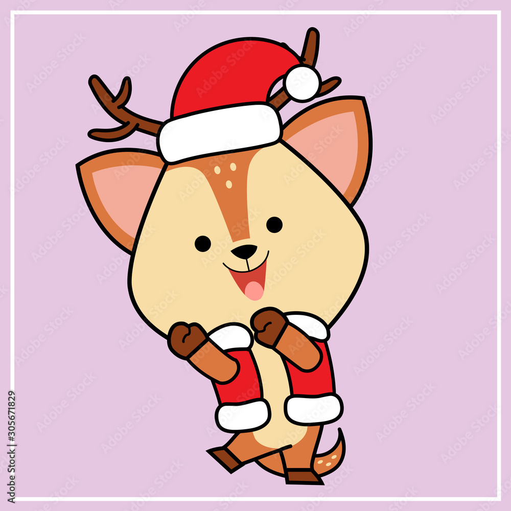 Cute Kawaii Hand Drawn Icon Clipart Deer Character Illustration With Christmas Costume - 3 Cute Kawaii Hand Drawn Icon Clipart Deer Character Illustration With Christmas Costume - 3