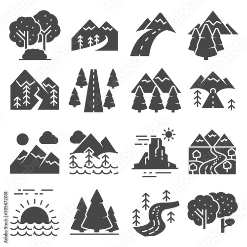 Nature Landscape Icons set, Forest and valley