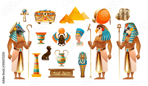 Ancient Egypt set. Egypt old symbols, sacred animals cat and scarab, pyramid, tomb, sarcophagus, sacred cross, architecture and sculpture cartoon vector illustration