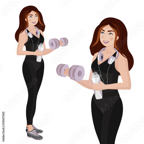  Portrait of cheerful pretty young fitness woman with bottle of water over white background.