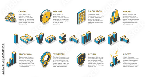 Investment isometric banner, invest fund and capital business service, planning strategy for increase money and finance wealth components. Informational banking poster. 3d vector line art illustration
