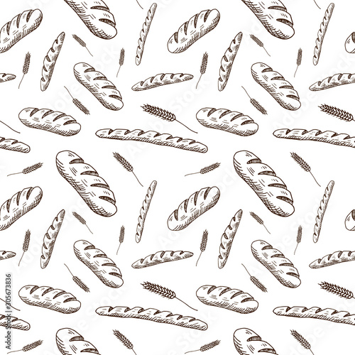 Bakery pattern. Hand drawn bread products on white background. Sketch style. Seamless vector backdrop