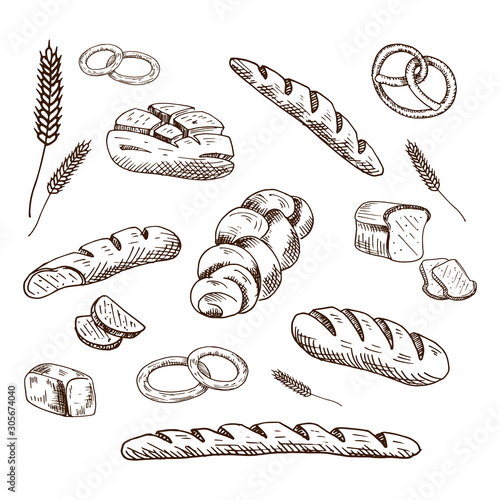 Bakery set. Collection of hand drawn bread products. Sketch style vector illustration. Isolated on white